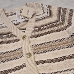 New Faherty Striped Brown Tan Wool Cardigan Sweater Sz XS-M Fair Aisle Orig $188